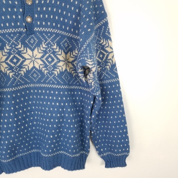 Vintage Voss Knit Norway Virgin Wool Chunky Knit Blue White Snowflake Sweater - Picture 5 of 9